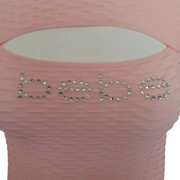 BEBE Top, S, Pink Textured Activewear, Rhinestone LOGO, Keyhole, Short sleeves - Picture 7 of 12